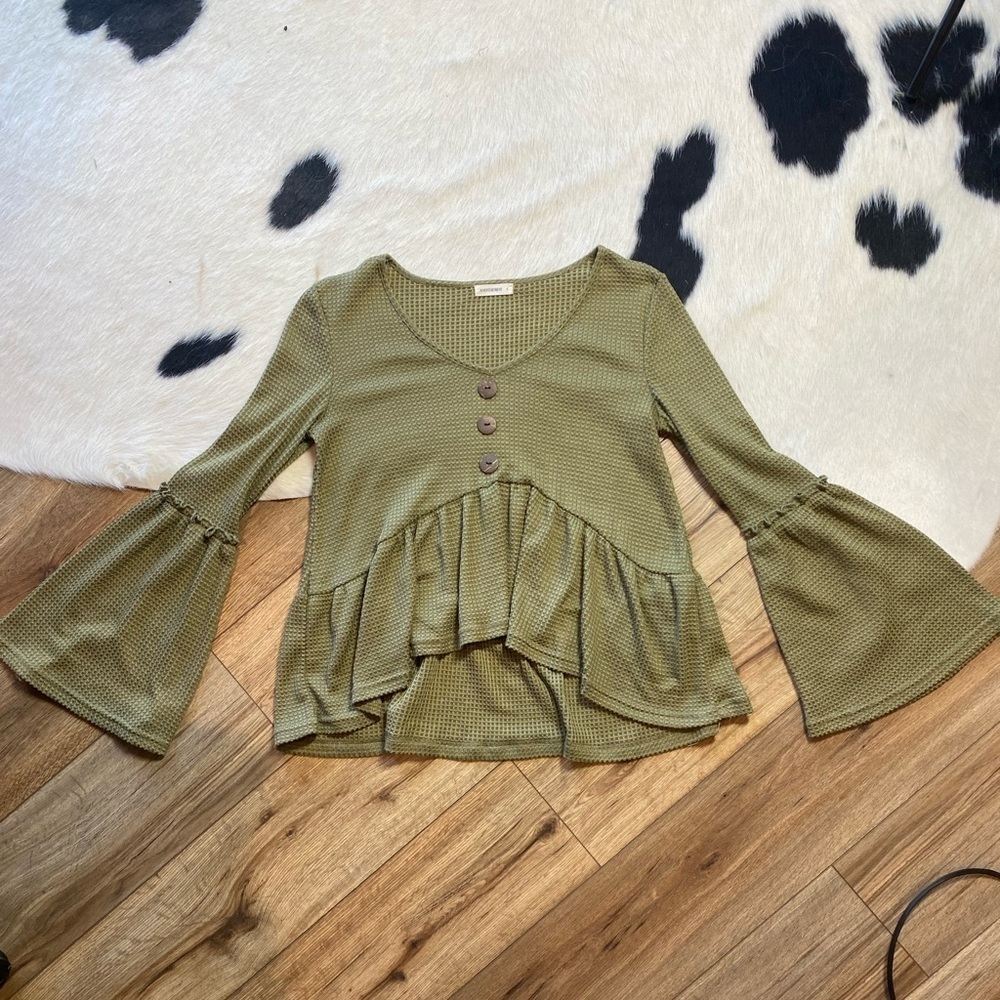 Bohemian cottagecore green waffle knit long-sleeved peplum top with bell sleeves